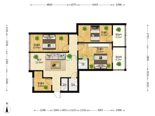 报国街6号 4室1厅3卫 74平方