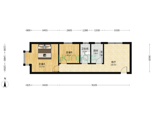 天保郦景精装 低总价 小两居 诚心卖 西丁 中间层-户型图