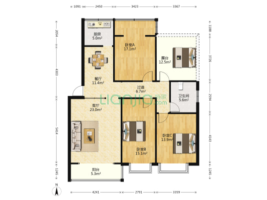 昆船花园 3室2厅1卫 123平方