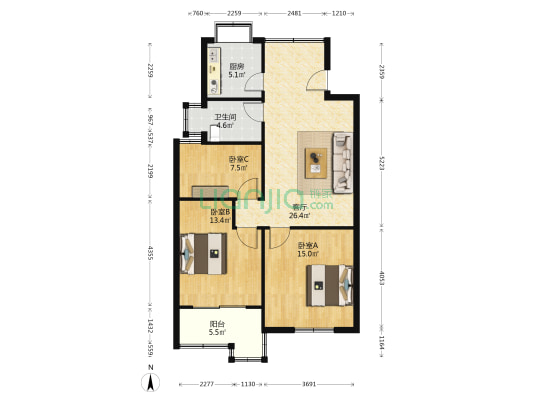 北华街自来水公司家属楼 3室1厅1卫 93平方