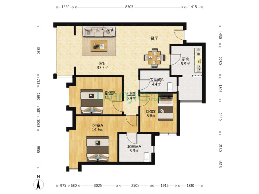 保利湖心岛美湖苑 3室1厅2卫 104平方
