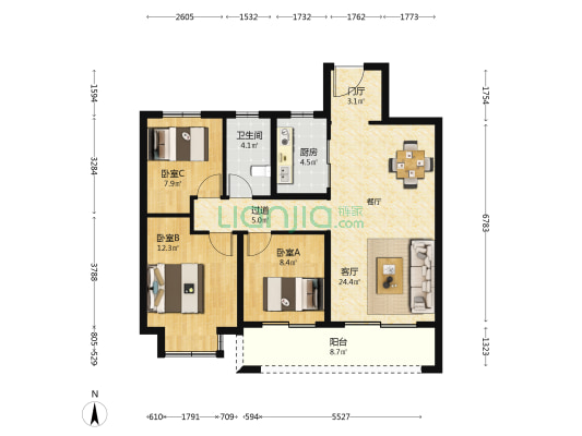 海尔翡翠文华F区 3室1厅1卫 104平方