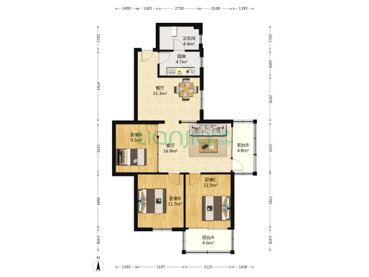 邮电宿舍 3室2厅1卫 95平方