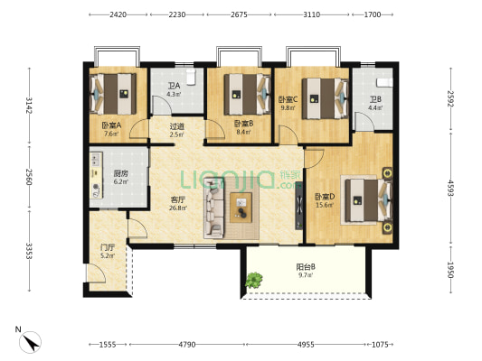 恒大美丽沙1201地块 4室1厅2卫 132平方