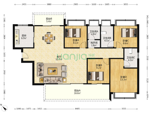 中洲华昕府 4室1厅4卫 169平方