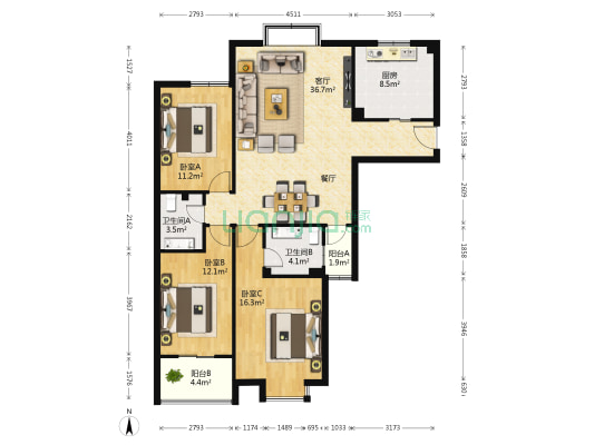 博爱大厦 3室1厅2卫 147平方