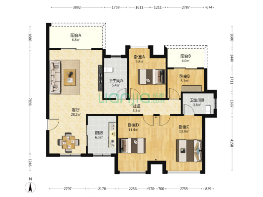 辉煌国际城三期 4室1厅2卫 125平方
