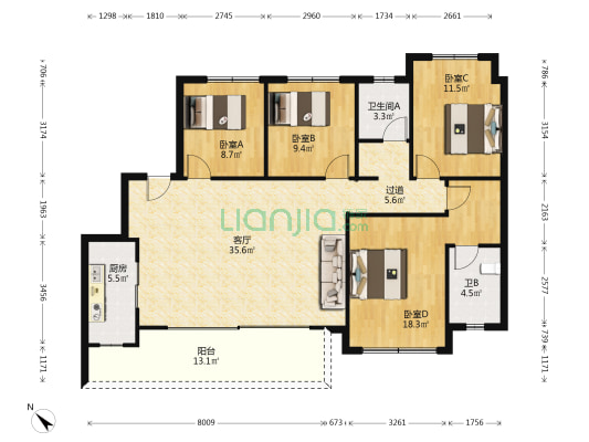 正黄翡翠堂 4室1厅2卫 133平方