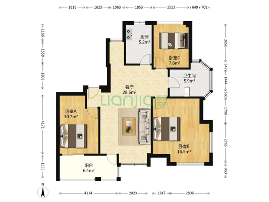 德意空港国际 3室1厅1卫 89平方