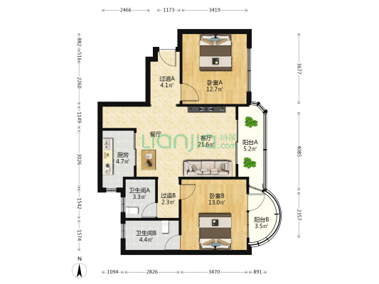 嘉隆商业小区 2室1厅2卫 105平方