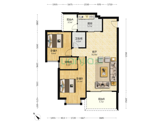 华达·金海华府 2室1厅1卫 89平方