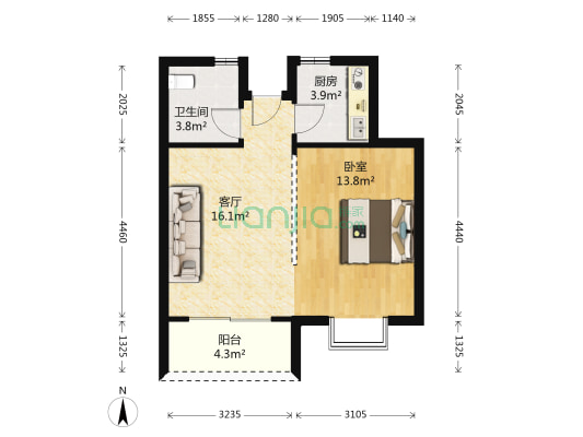 凝欣花苑 1室1厅1卫 53平方