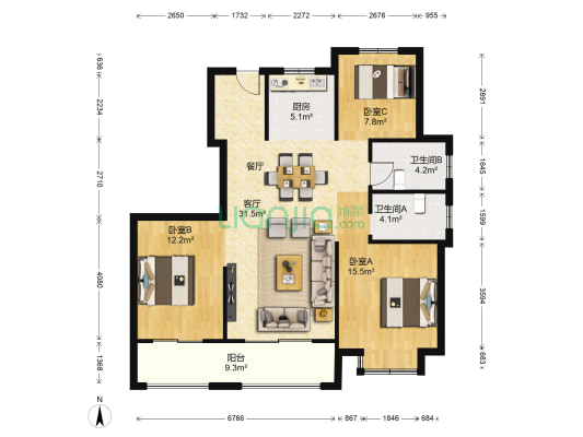 悦隽时代 3室1厅2卫 117平方