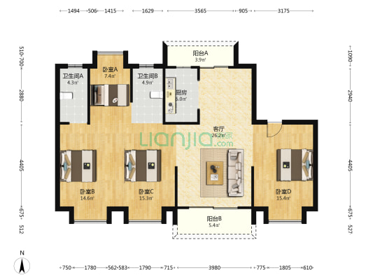 平阳碧桂园 4室1厅2卫 128平方