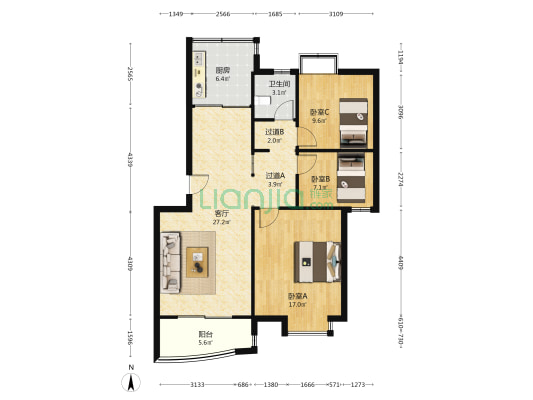 紫金新寓 3室1厅1卫 95平方