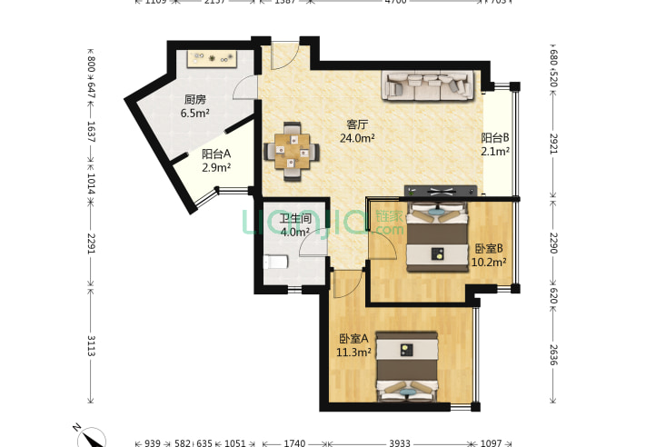 2室1廳1衛91.77㎡-北京國美第一城3號院戶型圖