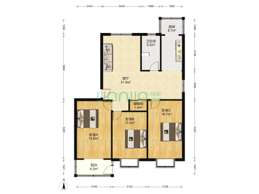 银丰小区 3室1厅1卫 122平方