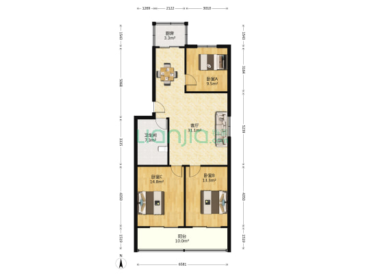 朱雀东坊北区甲字8号 3室1厅1卫 100平方