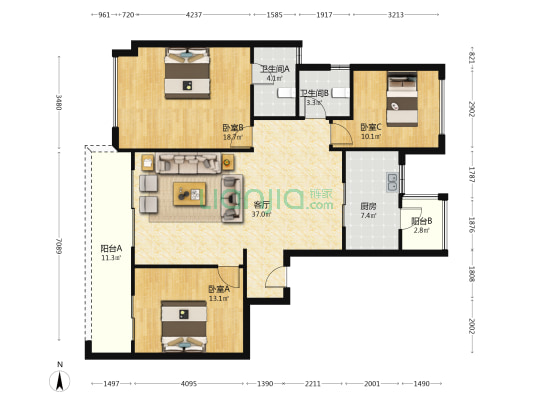 中车共享城境苑 3室1厅2卫 138平方