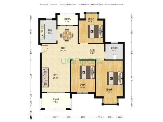 水岸花都 3室2厅1卫 116平方