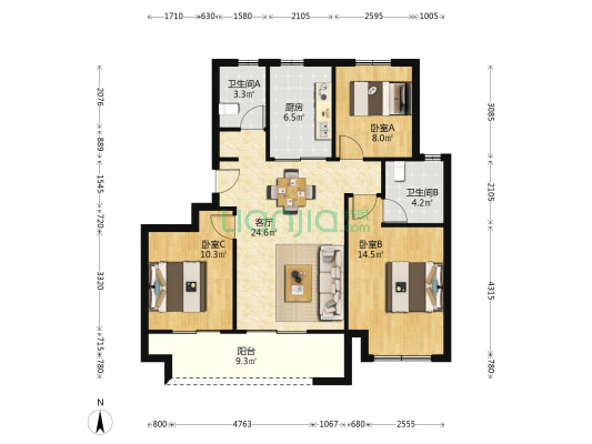 金辉滨河云璟 3室1厅2卫 99平方