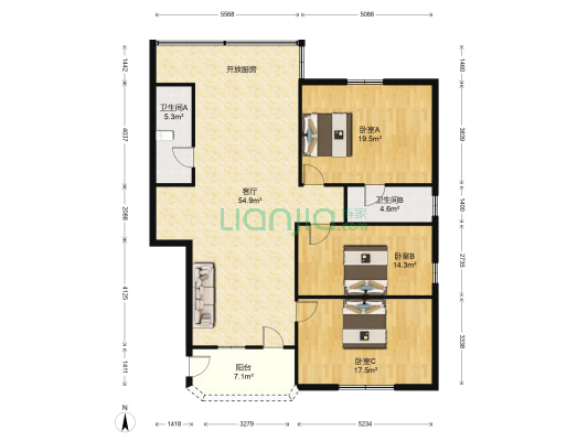 商业信托宿舍 3室1厅2卫 130平方