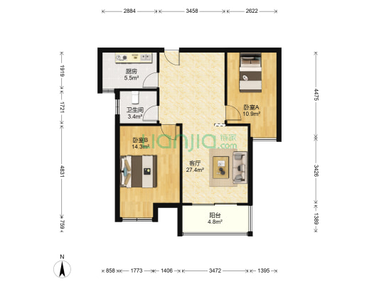 翡翠公寓 2室1厅1卫 88平方