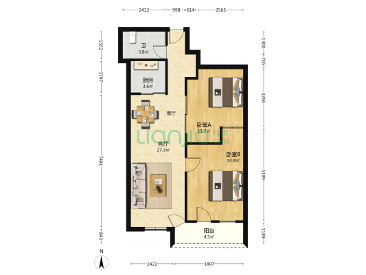 交通花园梦茵园 2室1厅1卫 77平方