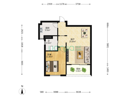 海域阳光二期 1室1厅1卫 70平方