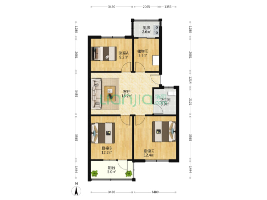 爱心家园 3室1厅1卫 80平方