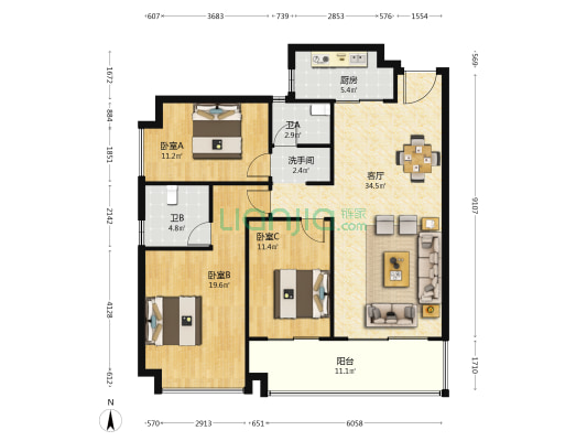 长房·星城天地 3室1厅3卫 136平方