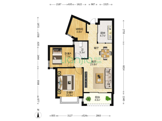 台湾街·桃园居 2室1厅1卫 74平方