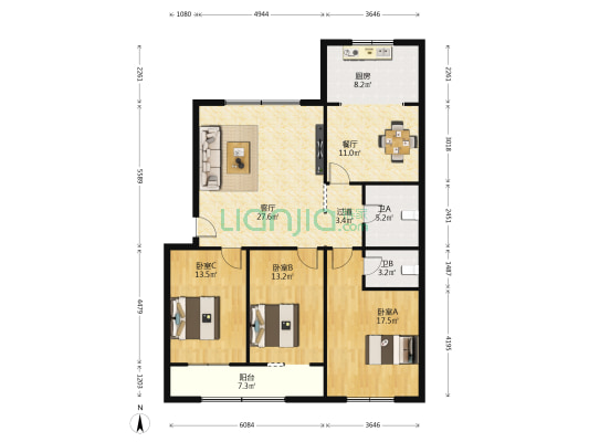 临潼区大庆路武装部 3室2厅2卫 134平方