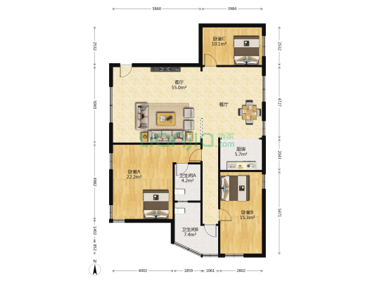 市桥东环路 3室1厅2卫 147平方