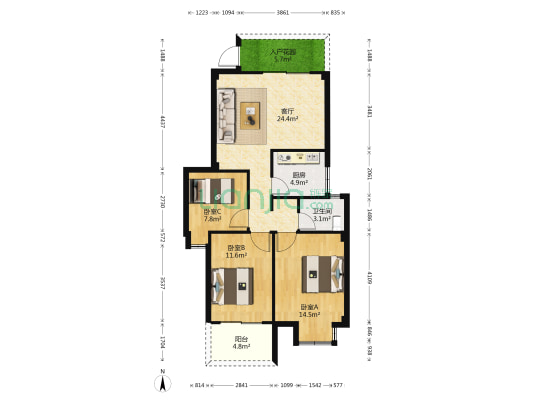 园中新苑 3室1厅1卫 90平方