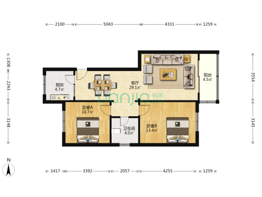 金轮颐园小区 2室1厅1卫 91平方