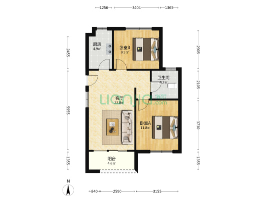 京都颐和城颐景雅苑 2室1厅 南-户型图