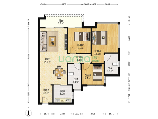 美的世茂滨江壹号 3室1厅2卫 95平方