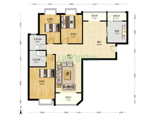 御景园南北三居室南北通透双卫明厨明卫房本满二-户型图