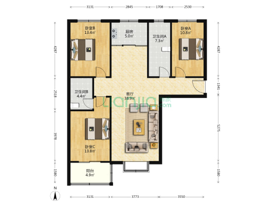 阳光盛景D区 3室1厅2卫 141平方