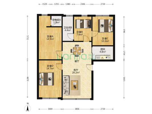 艺华花园 4室1厅2卫 104平方