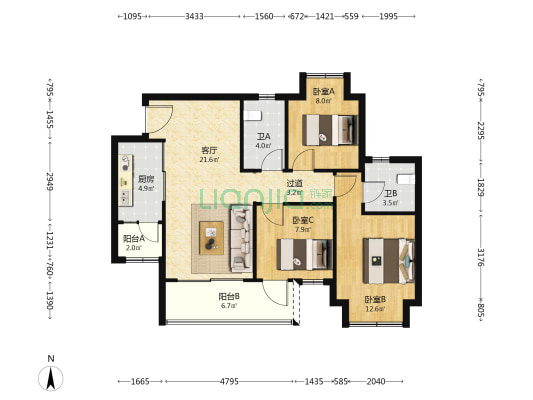 翡翠湾书苑 3室1厅2卫 92平方