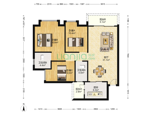 碧翠华庭四期 3室1厅2卫 108平方