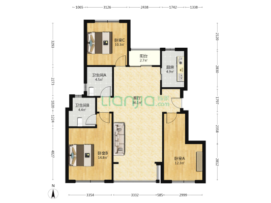 香门第世家 3室1厅2卫 106平方