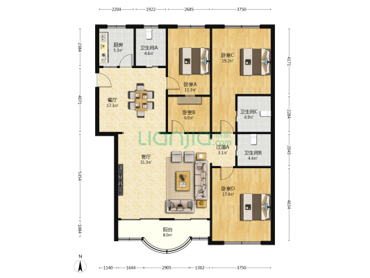 古塘华苑 4室2厅3卫 155平方