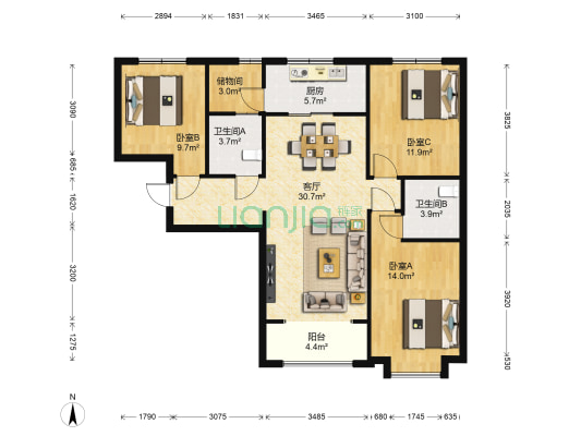万科蓝山五期 3室1厅2卫 123平方