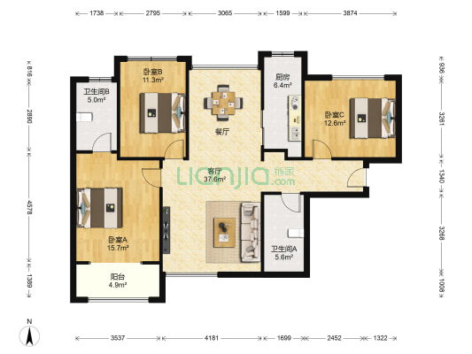 天朗大兴郡蔚蓝锦城 3室1厅2卫 114平方