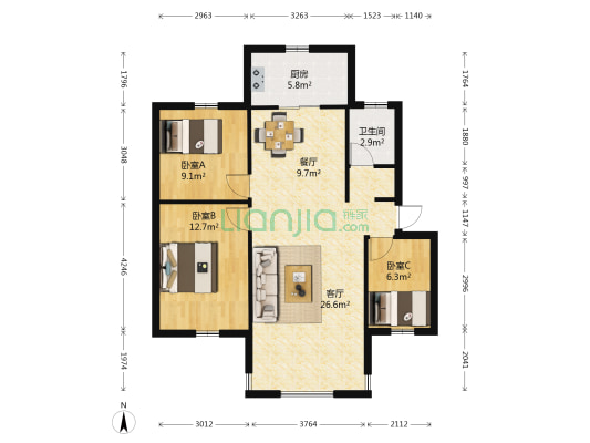 巴士家园B区 3室2厅1卫 79平方