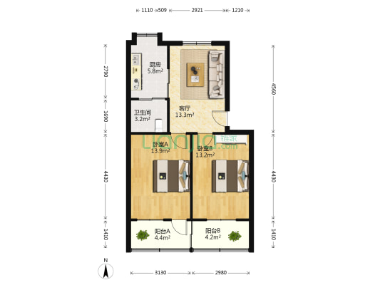 铁街 2室1厅1卫 64平方