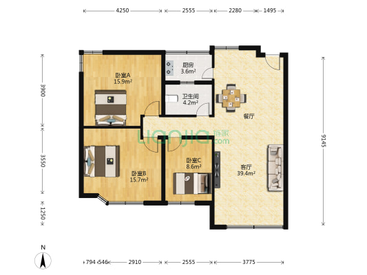 新城市中心广场 3室1厅1卫 109平方